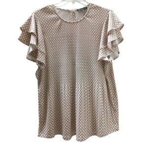 Adrianna Papell Women XL Beige Blouse Top Honeycomb Print Stretch Flutter Sleeve